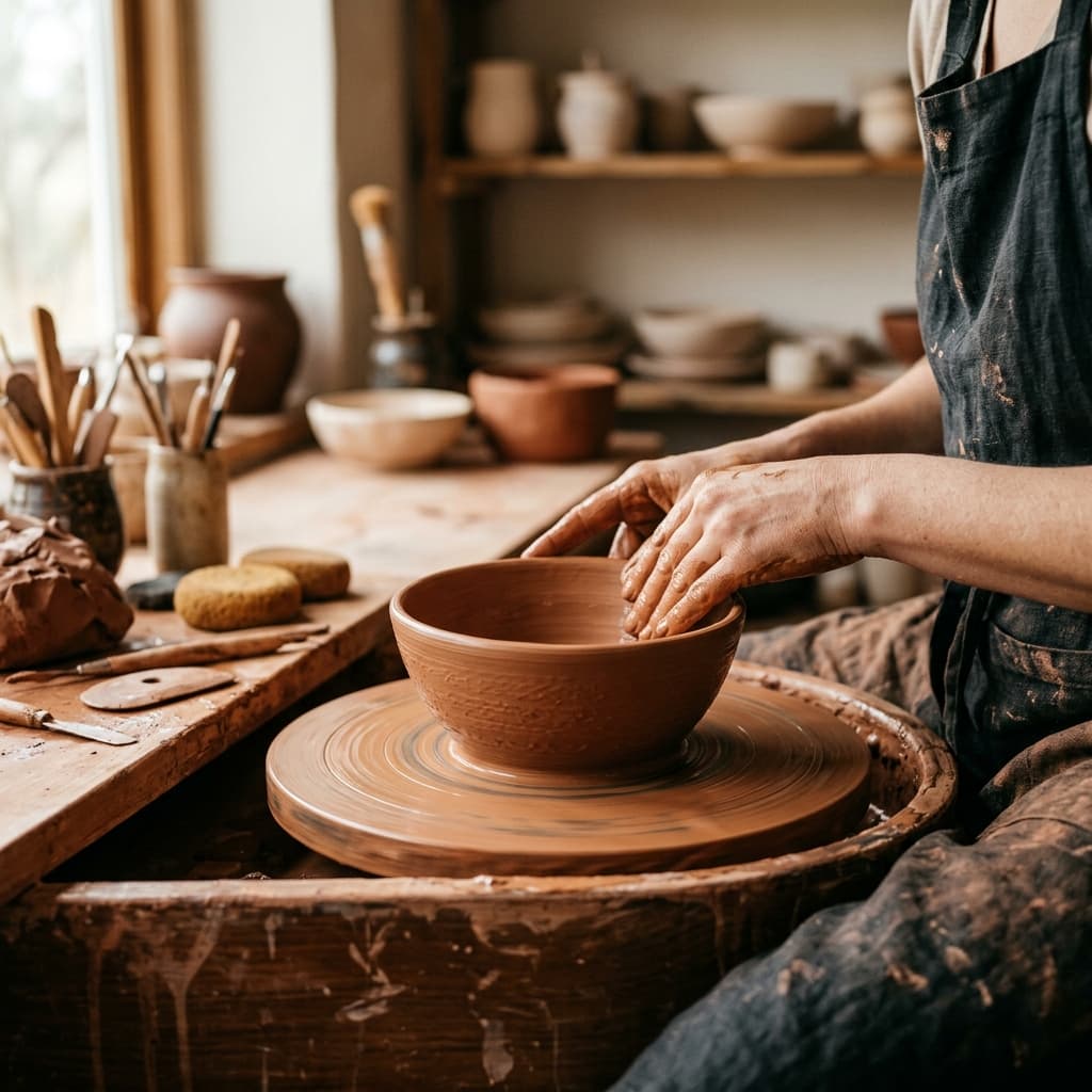 A person shaping clay on a pottery wheel